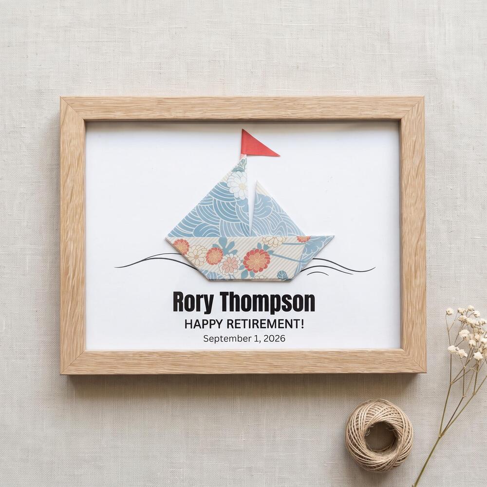 Personalized Retirement Gift for Him, Origami Sailboat Wood Frame Art, Custom Na